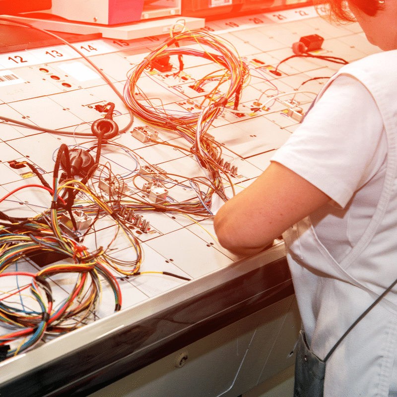 Opératrice travaillant sur l’assemblage de faisceaux électriques, manipulant des câbles multicolores sur un poste de production dédié