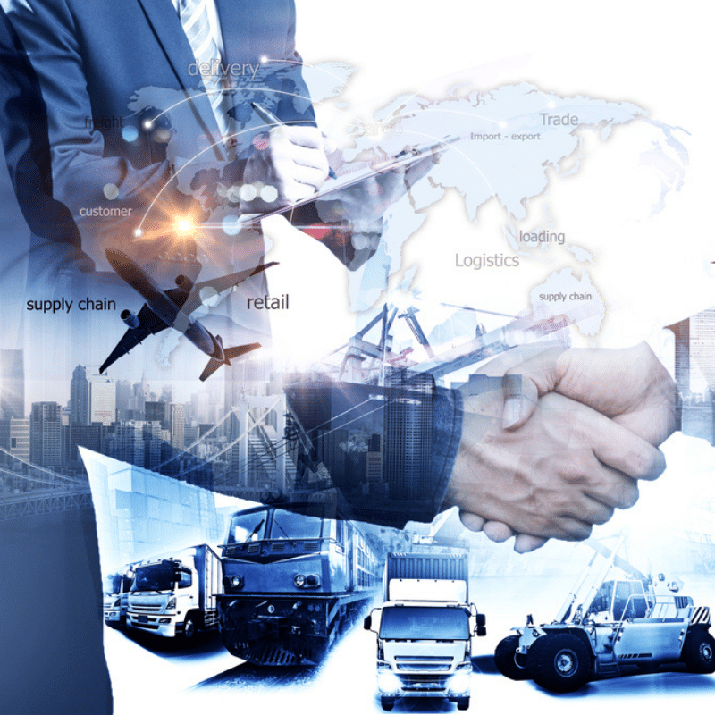 Montage visuel combinant logistique internationale, réseaux de transport et poignée de main, symbolisant le sourcing et la collaboration avec des fournisseurs mondiaux
