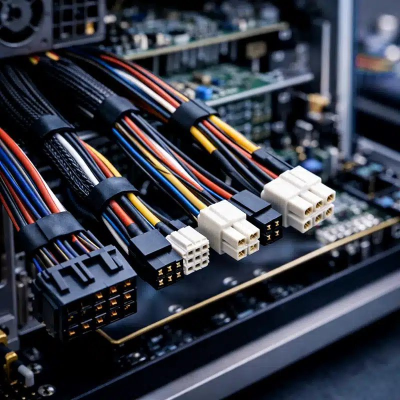 Opératrice travaillant sur l’assemblage de faisceaux électriques, manipulant des câbles multicolores sur un poste de production dédié