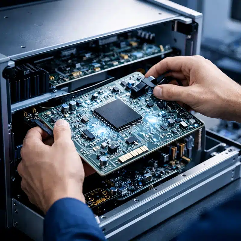 Opératrice en blouse et lunettes de protection assemblant une carte électronique sur un poste d’intégration en atelier