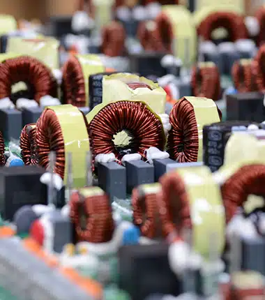 Gros plan sur une carte électronique équipée de transformateurs, condensateurs et radiateurs en aluminium, illustrant des composants de puissance