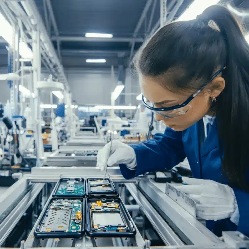 Opératrice en blouse et lunettes de protection assemblant des cartes électroniques sur une ligne de production moderne
