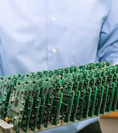 Personne tenant un support rempli de nombreuses cartes électroniques vertes alignées en atelier de production