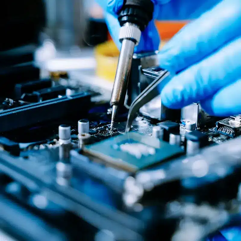Opératrice en blouse et lunettes de protection assemblant des cartes électroniques sur une ligne de production moderne