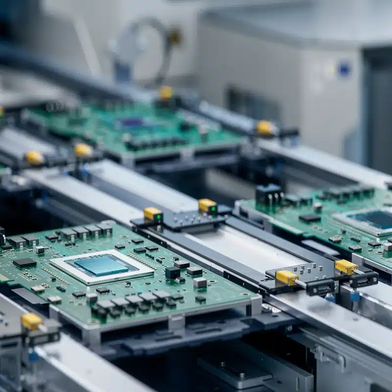 Ingénieur en laboratoire électronique travaillant sur un prototype devant un écran informatique, concentré sur l’analyse et les réglages techniques
