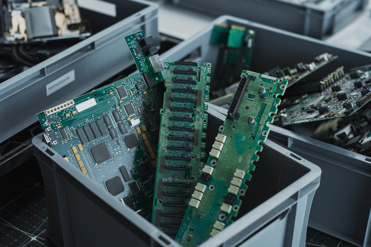 obsolescence des composants électroniques gros plan sur des boîtes avec des pièces d'ordinateur triées pour recyclage dans une usine