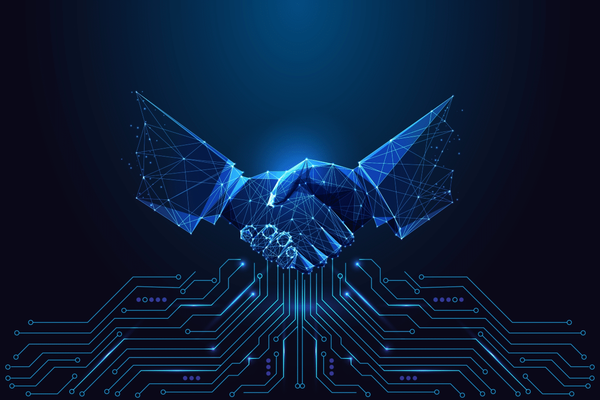 partenaire électronique ou sous-traitant Des mains numériques scintillantes au-dessus de la carte de circuit représentent la collaboration technologique