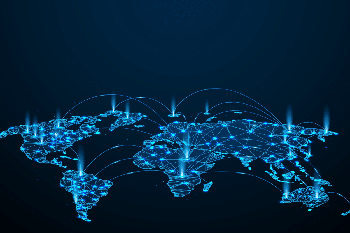 fabrication électronique en France Technologie numérique lumineuse et connexions Internet sur une carte du monde